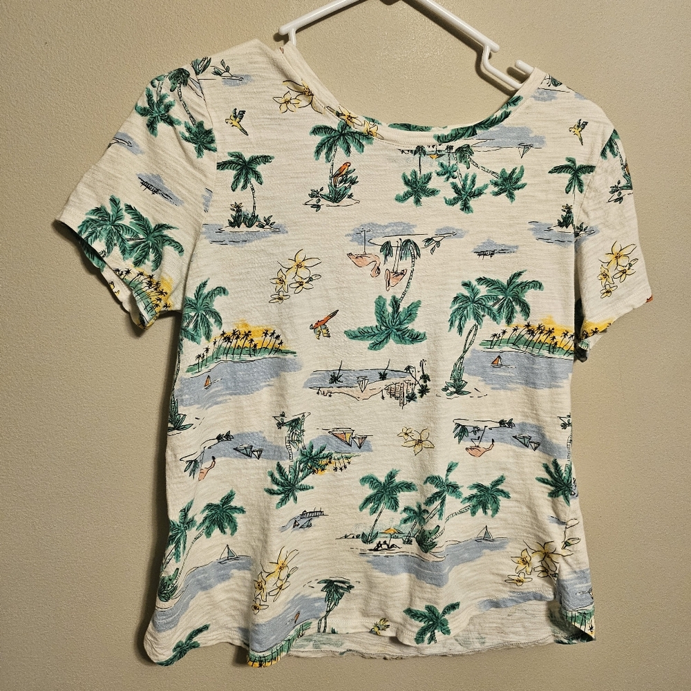 Old Navy Everywear 100% Cotton T Shirt White Tropical Beach Surf Summer Medium